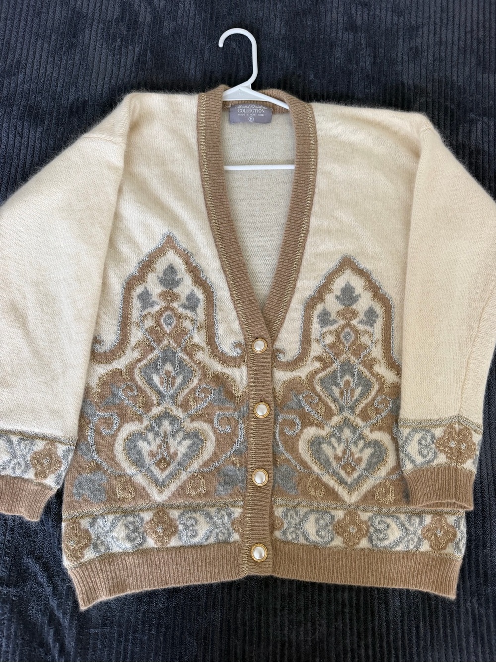 Vintage Marisa Christina Classic Cream and Brown Patterned Women's Cardigan